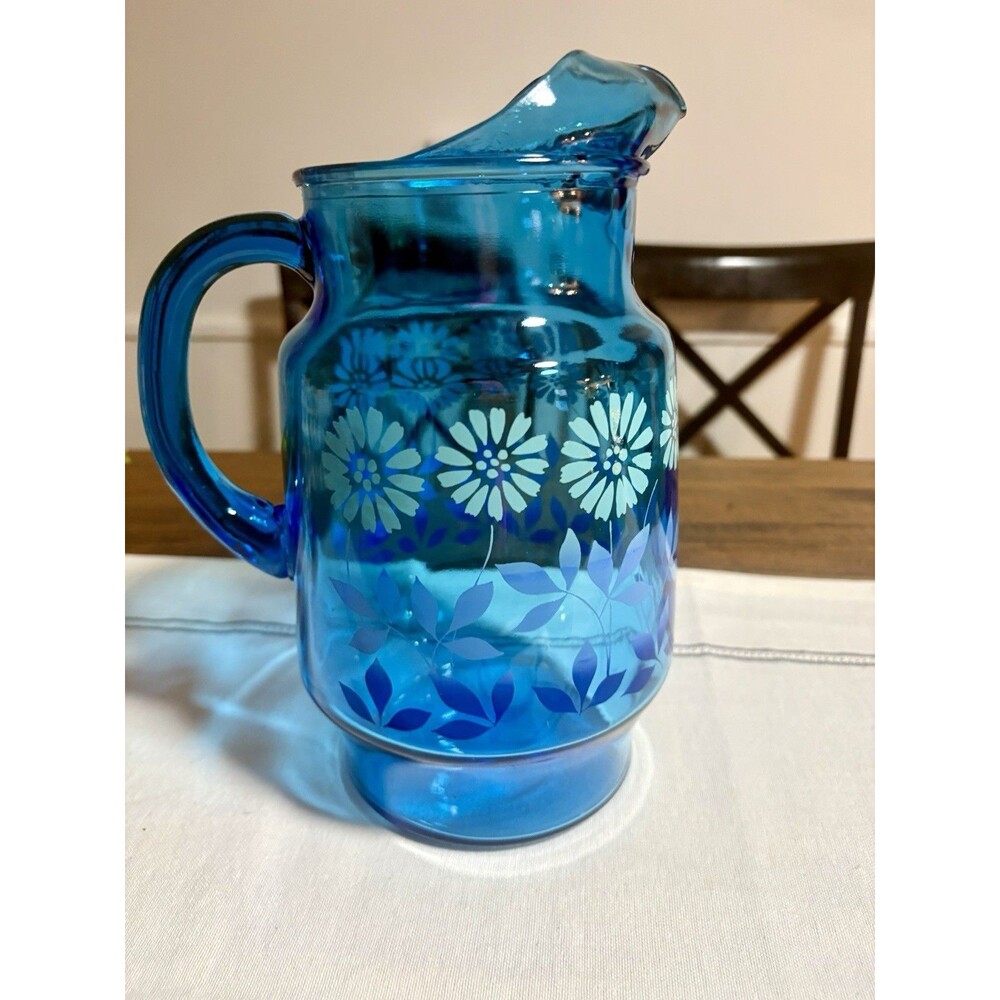 Vintage Mid Century Libbey Blue Glass Pitcher Rain Flower Daisy Floral 10” Vase - Picture 5 of 7